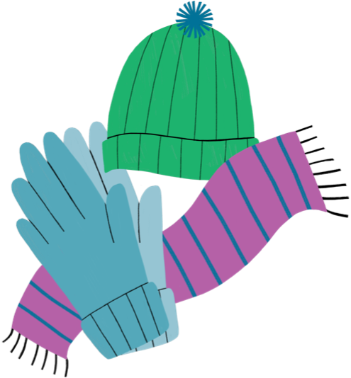 Illustration of a hat, gloves, and scarf