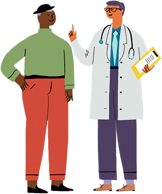 Illustration of a psoriasis patient and dermatologist talking