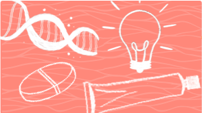 Illustration of a DNA gene and light bulb representing psoriasis treatment options