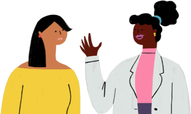 Illustration of a psoriasis patient and dermatologist talking about psoriasis