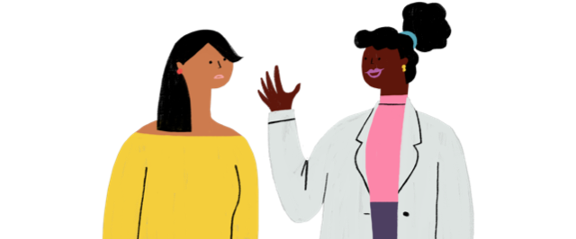 Illustration of a psoriasis patient and dermatologist talking about psoriasis