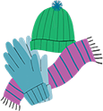 Illustration of a hat, gloves, and scarf