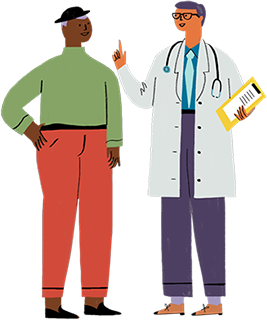 Illustration of a psoriasis patient and dermatologist talking