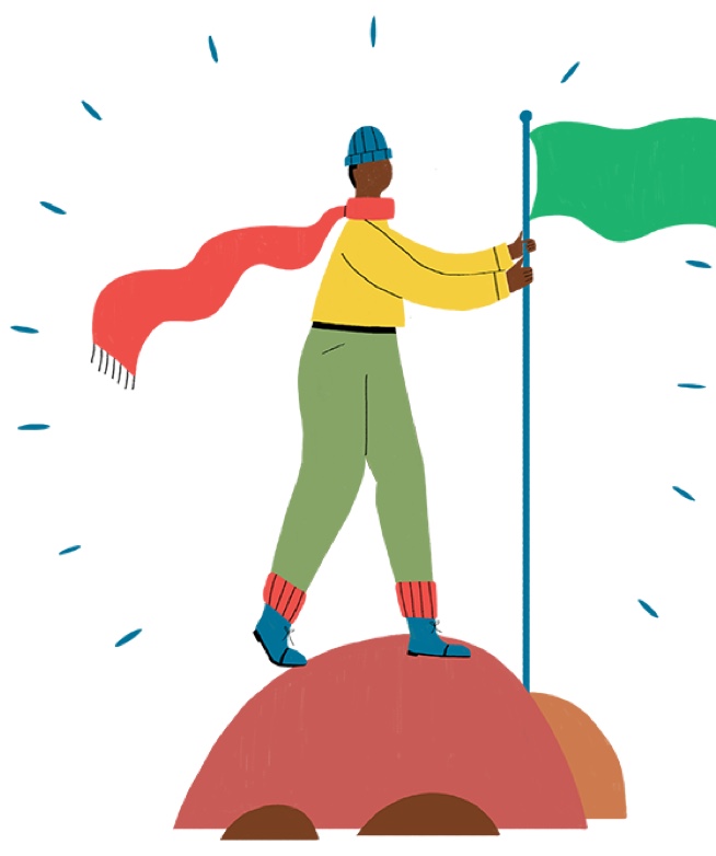 Illustration of a person atop a mountain, holding a flag