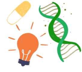 Illustration of DNA, a light bulb, and a pill