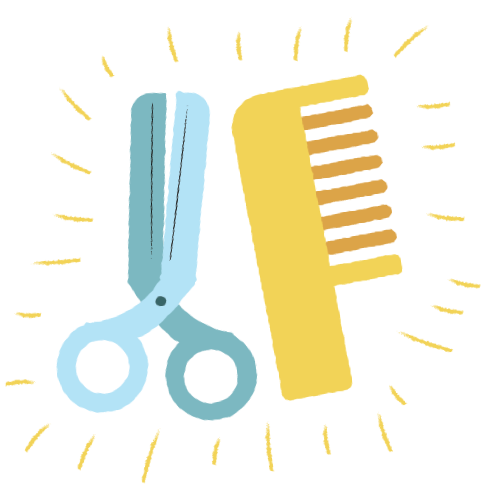 Illustrations of a pair of scissors and a comb