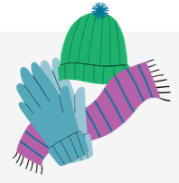 Illustration of winter gloves, hat, and scarf