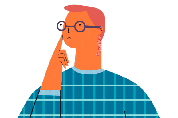 Illustration of a person with glasses who has plaques on the back of their neck